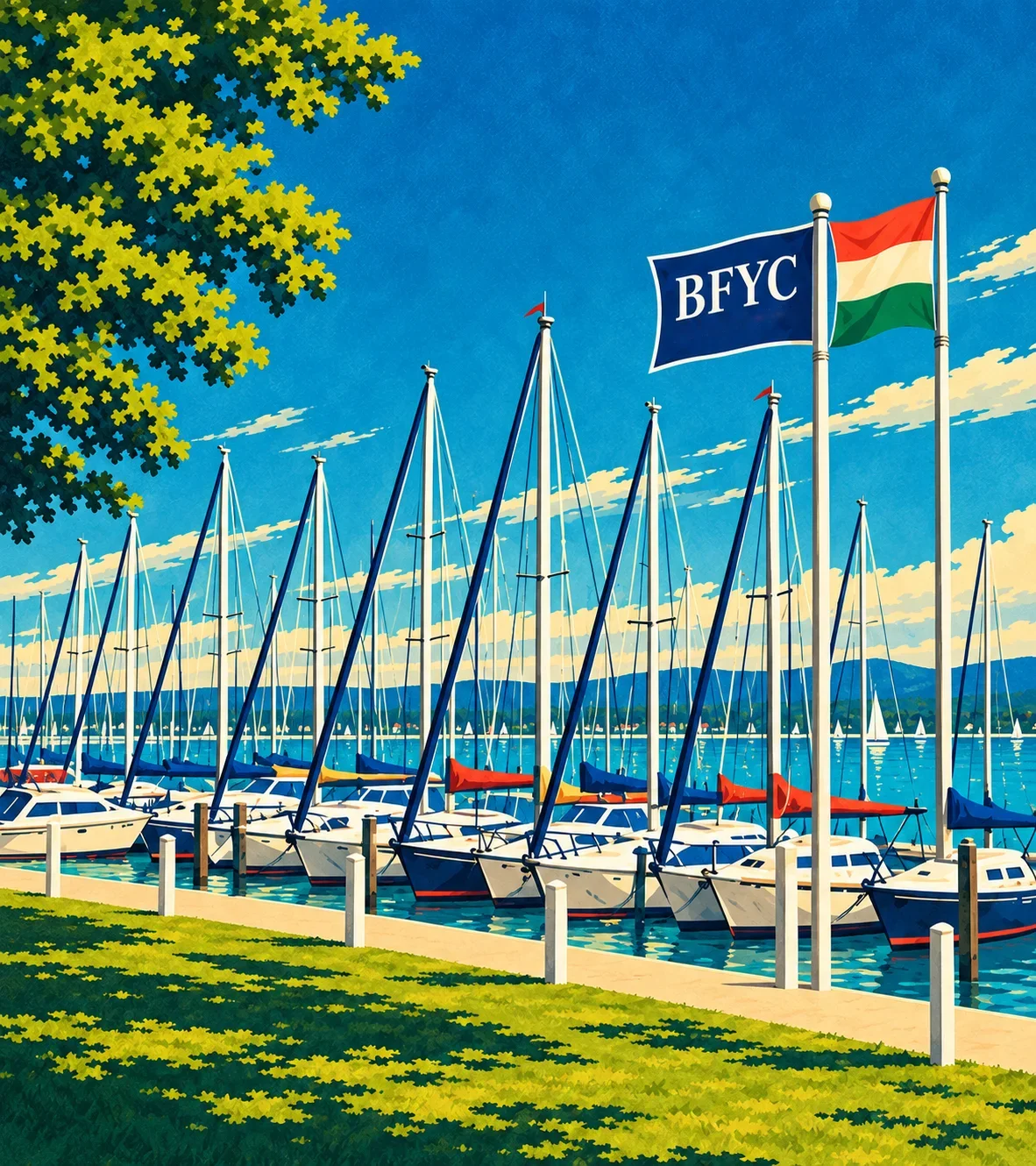 Vitorlások árbocai a Balatonfői Yacht Club zászlója alatt